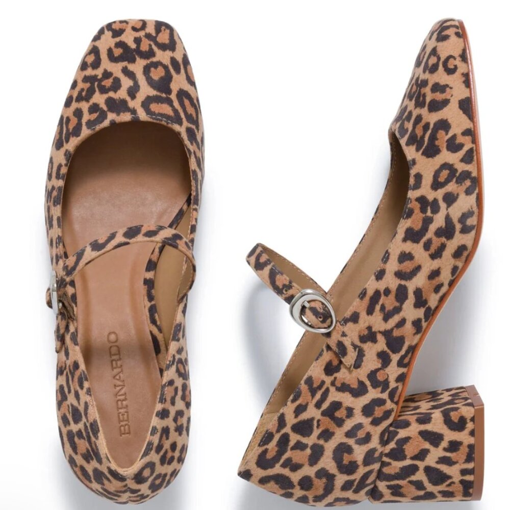 Bernardo Leopard Print Mary Jane Block Heel Pumps - Tan and Black